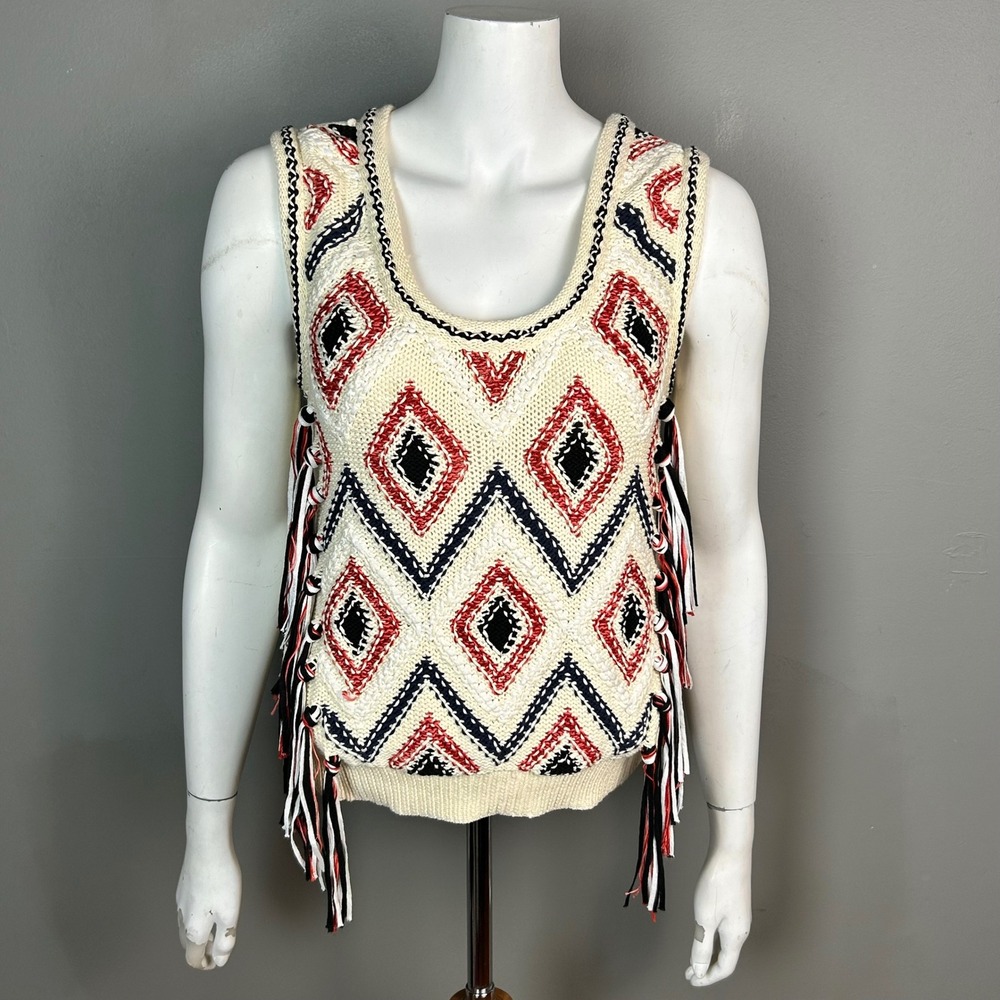Derek‎ Lam 10 Crosby Sweater Vest Large Fringe Aztec Cream Western Cowgirl